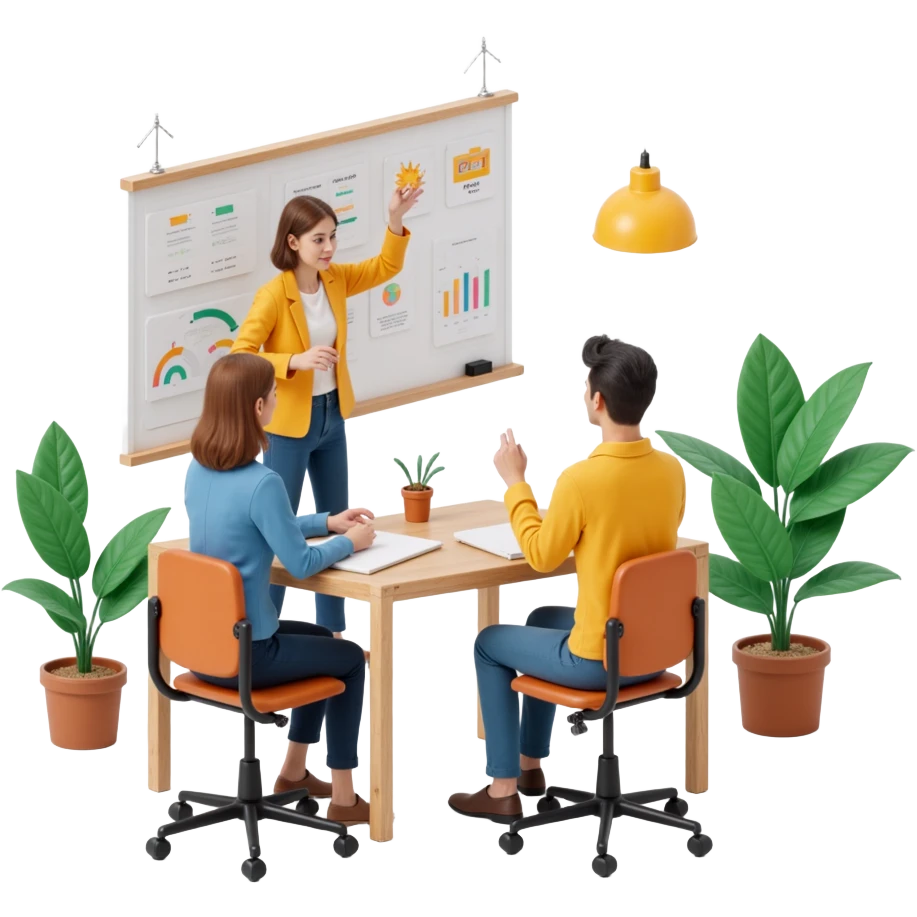 a group of creative people brainstorming at a whiteboard, skeuomorphism style emoji