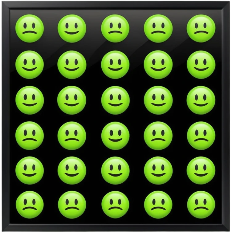 Redraw all icons perfectly centered in square dark gray frames, bright lime green symbols, glossy effect, sharp clean flat design, high contrast, uniform size, pixel-perfect alignment emoji