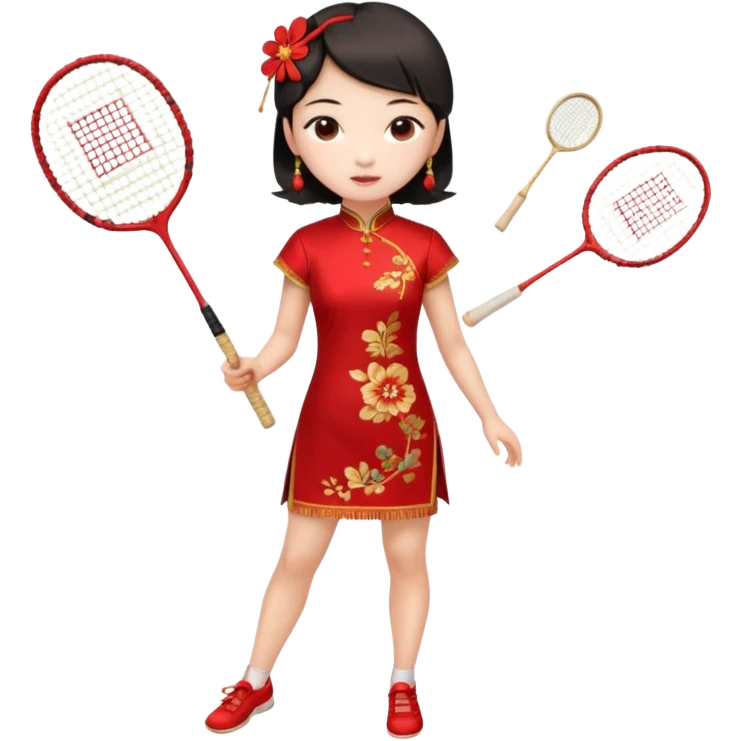 ancient cheongsam girl with 1 badminton racket, red emoji
