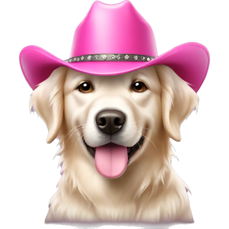 White golden retriever wearing pink cowboy hat emoji