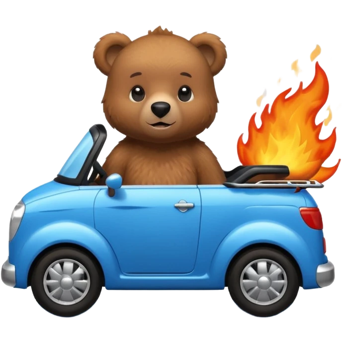 cute brown bear in a small blue car with fire coming out emoji