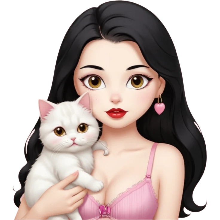 Beautiful Girl Long Hair black, Brows Big , Skin White, bra Pale Pink , Big Red Lips, EyesCoffe , kiss Little baby Persa Cream Cat With Cute Eyes emoji