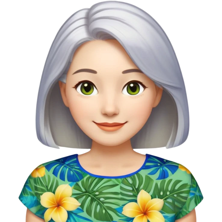 A woman with light complexion, oval face with soft rounded features, full cheeks, gentle almond-shaped eyes with subtle smile lines, longer silver-gray hair parted to the side, wearing a vibrant short-sleeved blouse with tropical print in blue, green, and yellow, exuding warmth and joy. emoji