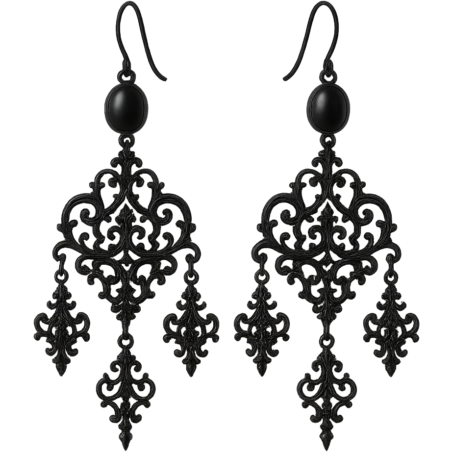 goth earrings, black filigree chandelier, ornate gothic, elegant emoji