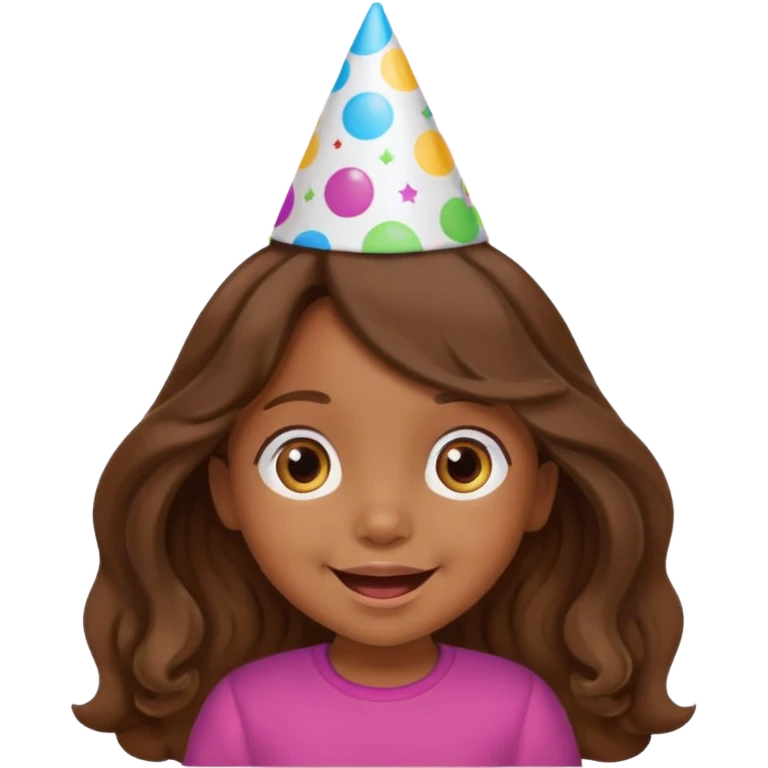 a little girl with brown long wavy hair with birthday hat, supprising















 emoji
