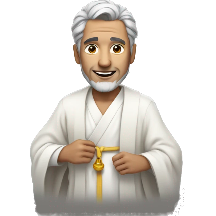 man with grey hair in long white robe giving peac emoji