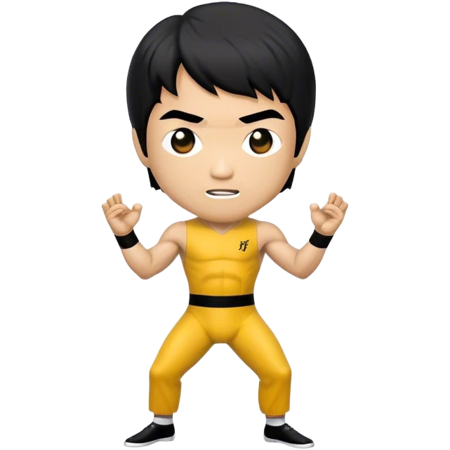 Cinematic Realistic Bruce Lee Pop Culture Emoji, featuring a dynamic portrayal of the legendary martial artist rendered with crisp detail and energetic lighting. emoji