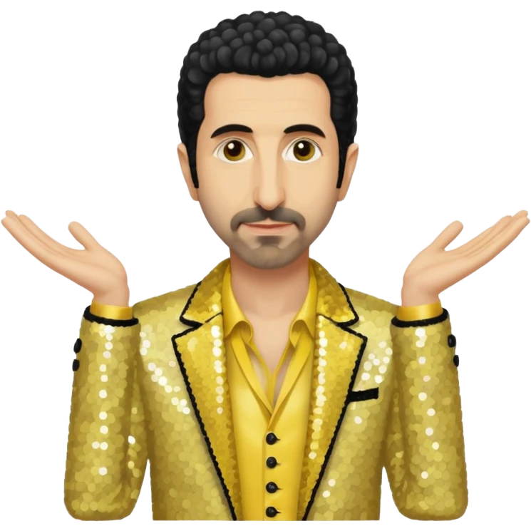 Serj Tankian with ivory sequin jacket, yellow shirt emoji