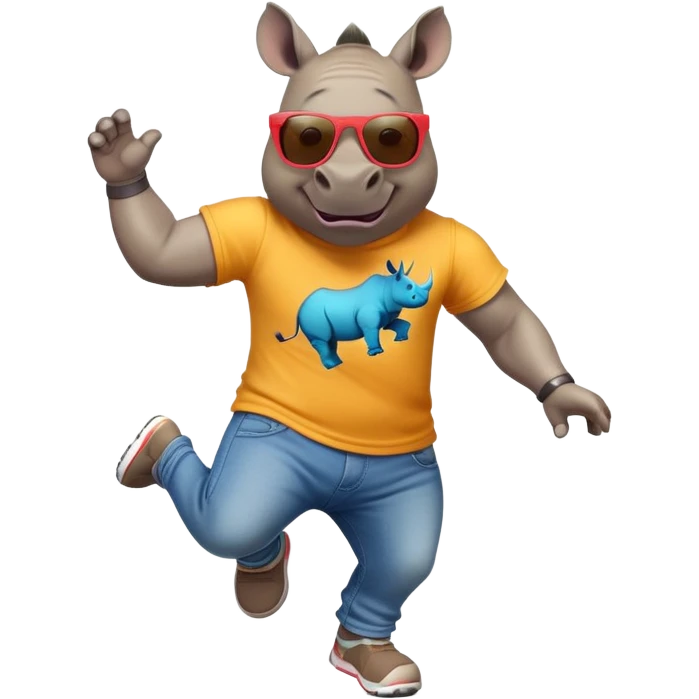 friendly anthropomorphised rhino in jeans and colourful t-shirt, wearing dark sunglasses, jogging upright, jumping with excitement, dynamic pose emoji