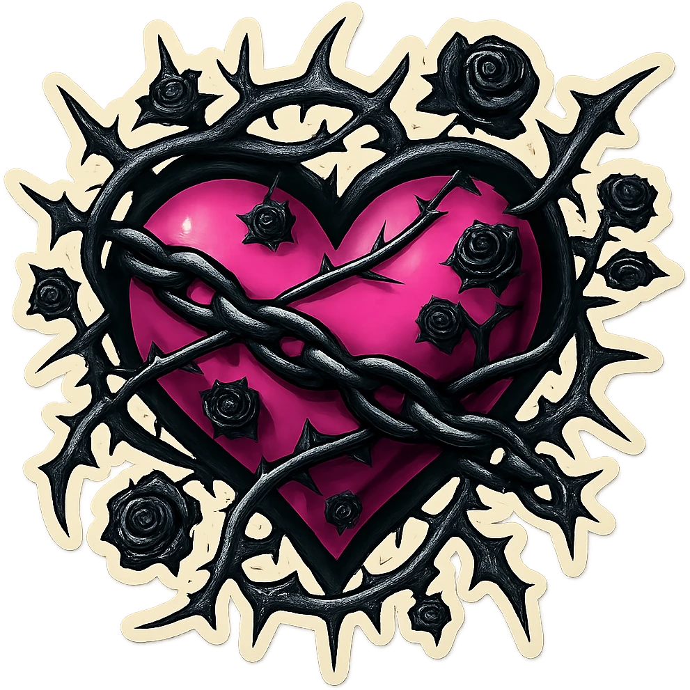 Add more gothic details including chains, thorns, and tiny black roses. Keep the black and pink gothic heart with a spiked border. Maintain the retro stickers style with no background. emoji