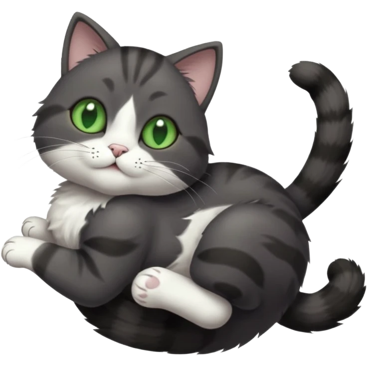 solid dark grey cat with green eyes, white toes/paws and white patch on her chest playfully rolling upside down emoji