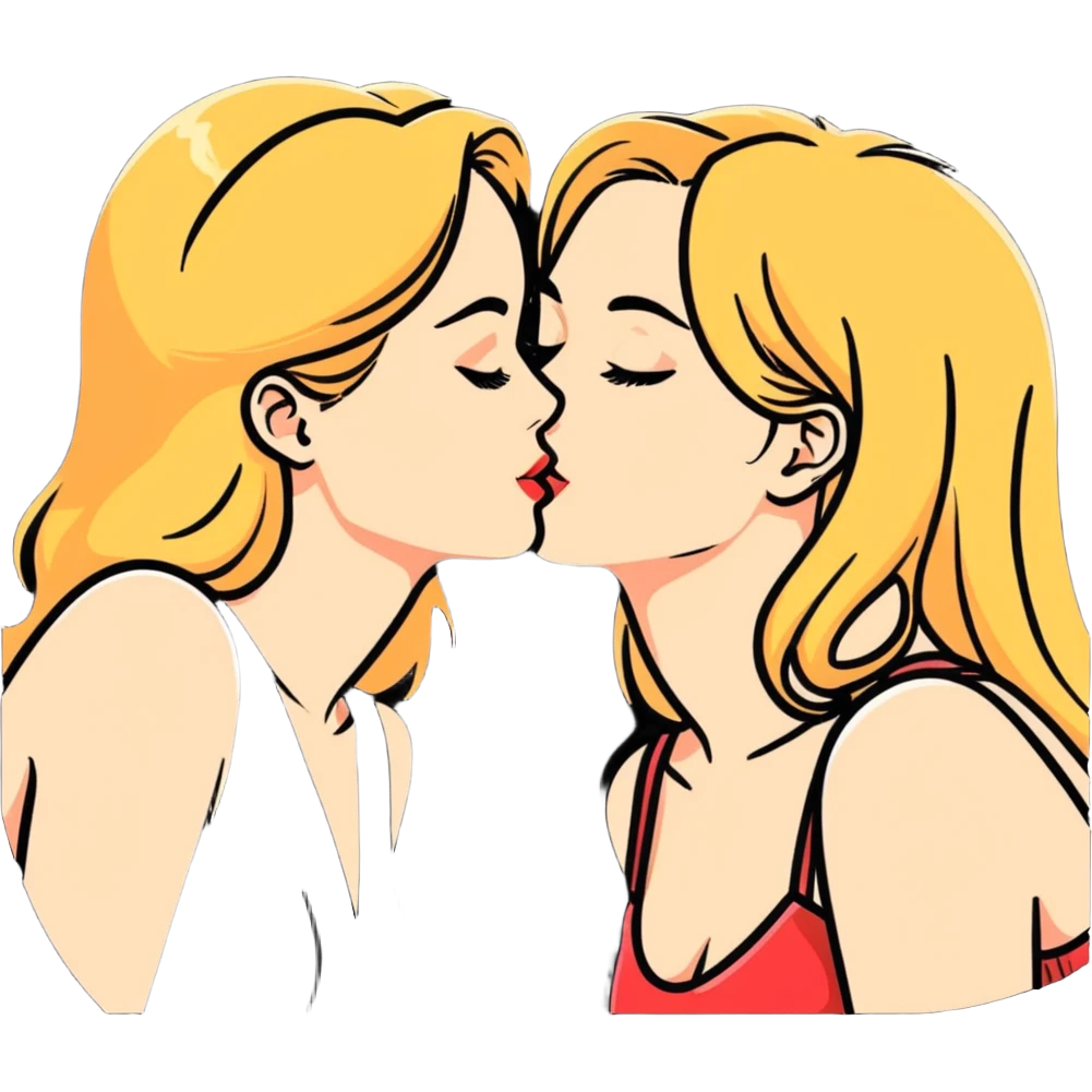 lesbian couple blonde  and brunette kissing on cheek emoji