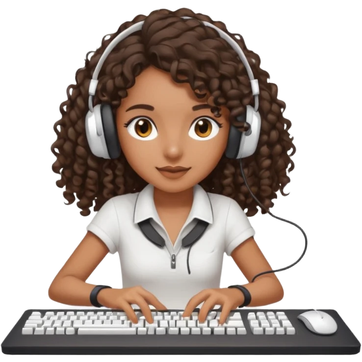 Brown skin Spanish girl with long dark curly hair, wearing a white gaming headset and playing on keyboard with a gaming mouse i emoji