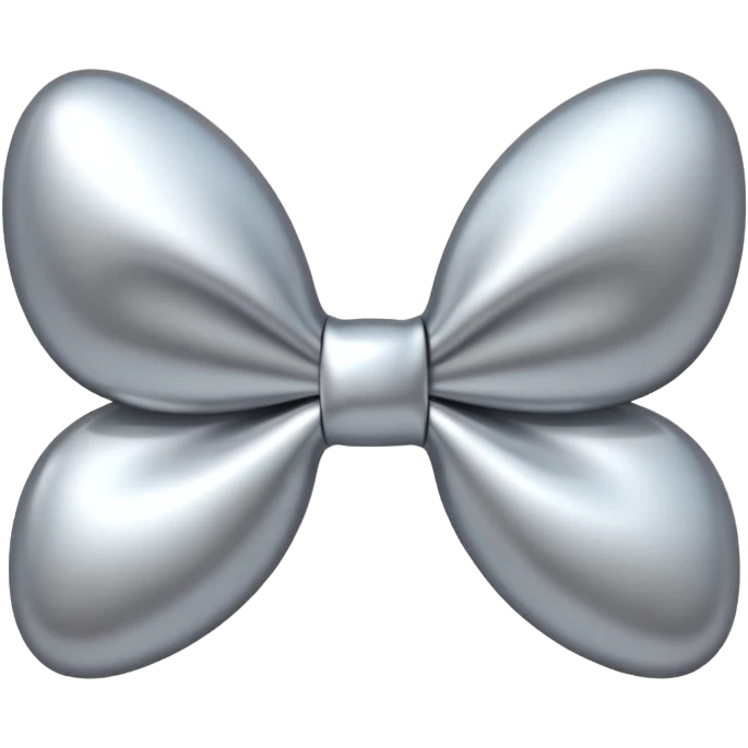 A cute bow emoji made of polished silver chrome, smooth rounded loops, glossy metallic surface, soft mirror reflections, subtle highlights, minimal and adorable proportions, iOS emoji style, centered composition, clean white background, soft studio lighting, no text, no outline, ultra high quality emoji