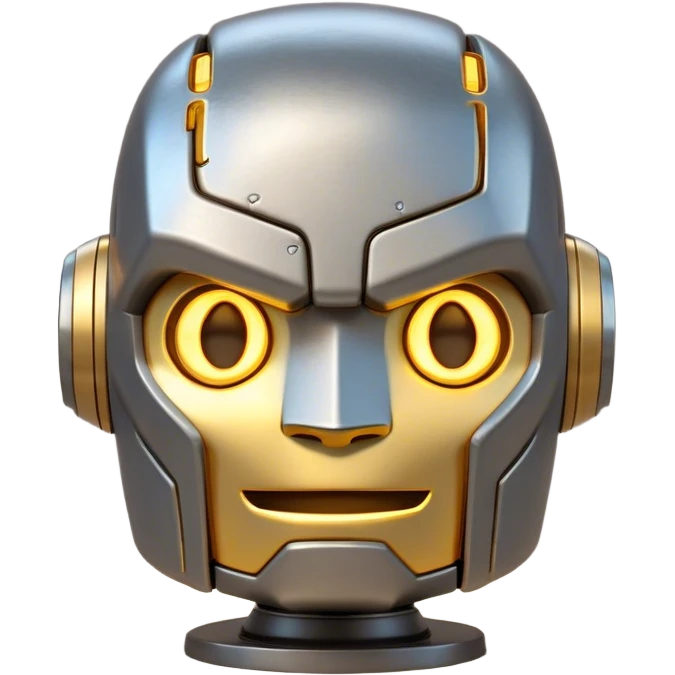 Cinematic Cute Mighty Iron Golem Portrait Emoji Head tilted playfully and inquisitively, featuring a sleek yet sturdy metal form with smooth, polished steel plating and glowing golden engravings, accented by faintly humming energy veins that pulse with life; rendered with lifelike clarity and soft, natural reflections, high shine, charming yet robust, styled with a touch of whimsical fantasy, soft glowing outline, capturing the essence of a watchful yet endearing golem, as if it might shift its massive head with a slow, thoughtful nod at any moment! emoji