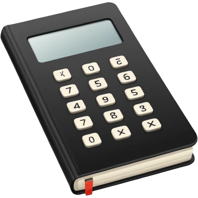 Minimalistic flat vector icon, iOS style, thin black contour on white background. Small black notebook with visible binding, placed next to a calculator. Clean, modern, no text, no shadows. emoji