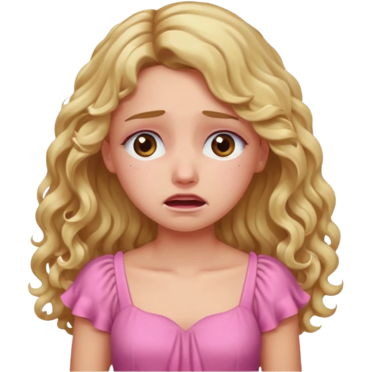 the girl is that criying she has brown eyes and blond long hair curly pink dress  emoji