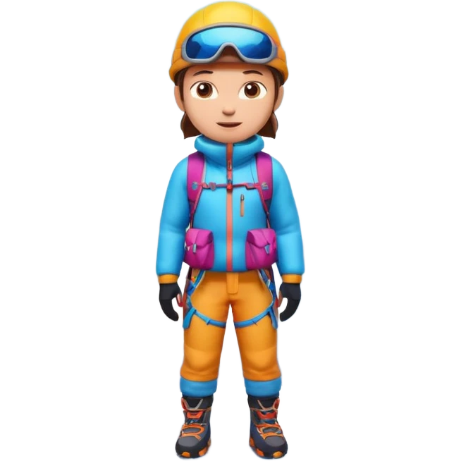 A 3D cartoon mountaineer standing on a snowy Everest-like summit with a flag, wearing colorful climbing gear, soft lighting, Memoji-style.negative : Flag emoji