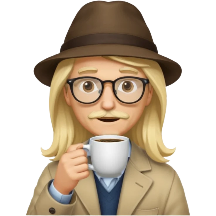 long hair blonde man drink coffe with hat and glasses emoji