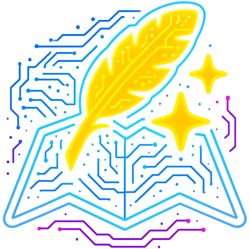 Transform the Wonderdraft map icon (feather, stars, and map) into a flat, cyberpunk style with extremely strong, intense neon glow. The feather and stars should be gold or yellow, the map should be clearly visible, and the whole icon should be surrounded by a vivid, radiant neon aura in blue and pink. Overlay glowing circuit patterns both on and around the shapes. The entire icon should have a holographic, luminous effect matching the brightest, glowiest cyberpunk icons in the set. Avoid 3D shading, keep the style flat and futuristic, and use a transparent background. emoji