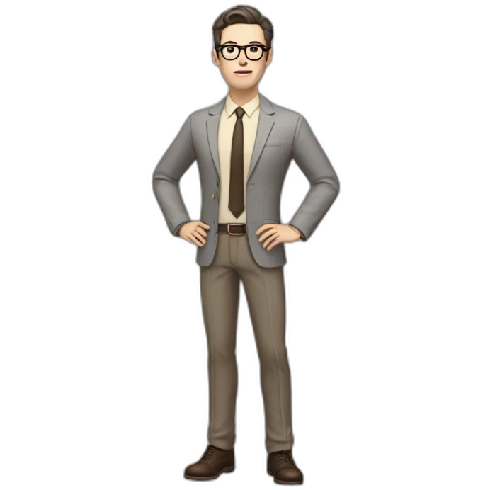 Full height Gesticulating Pale skinned fit man with dark brown hair in gray jacket, beige office shirt, brown tie, brown pants and vintage glasses. emoji