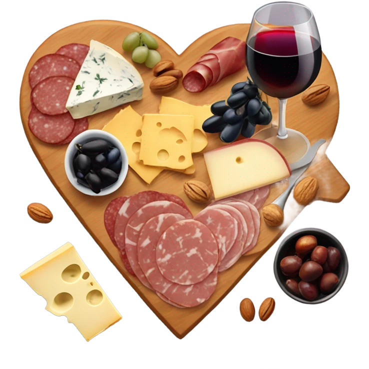 cute heart shaped charcuterie board with wine emoji