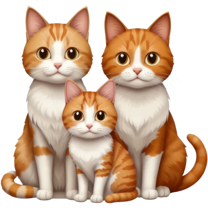 3 sibling cats all different natural colours; 1 is ginger and white, the next is brown tabby and white and the third is a calico emoji