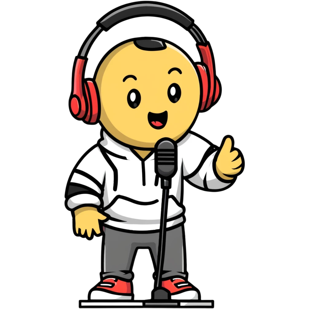 rapper singing with a microphone on a stand and wearing headphones emoji