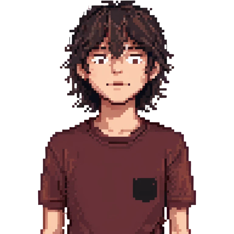 A boy with bangs covering his eyes, long hair sticking out at the back, and long sideburns. He has brown eyes and dark brown hair. He is wearing a maroon t-shirt and has an elongated jaw. He has two moles on the right side of his face, one below the eye and one on the cheek. emoji