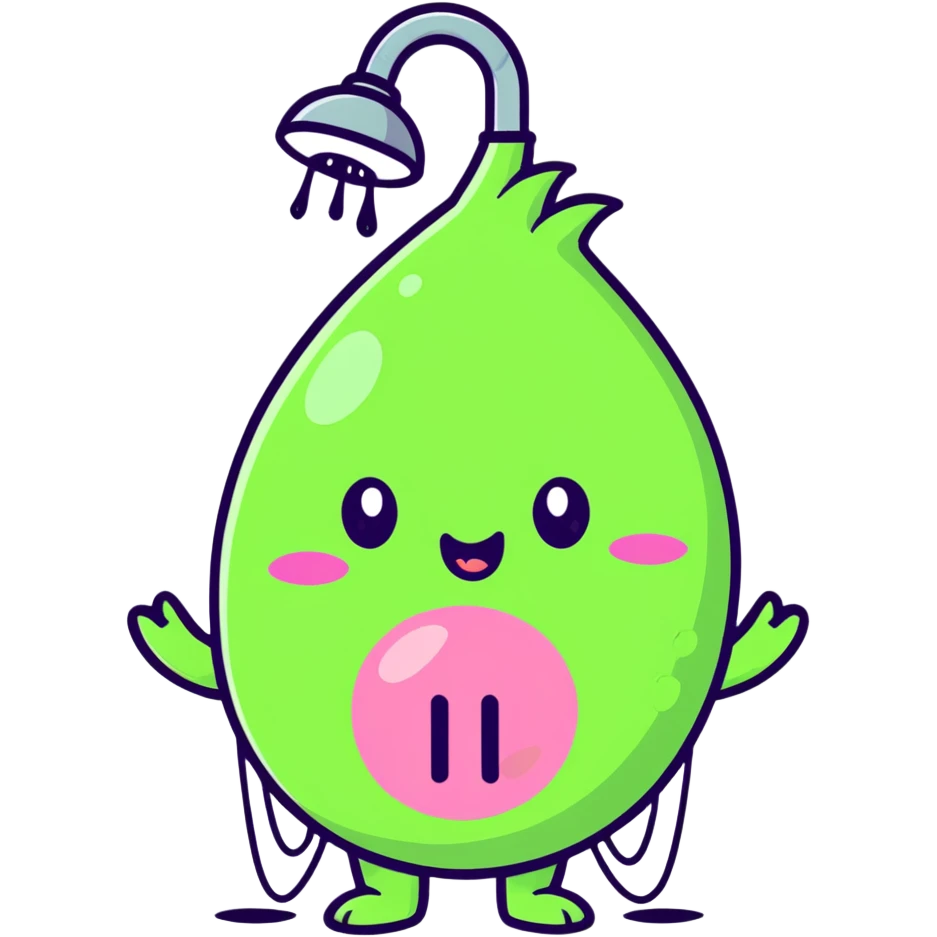 cute blushing onion character in shower, pink cheeks, shy expression, water pouring emoji
