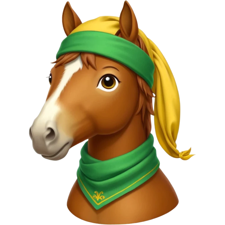a fabulous funny winter horse in a green bandana hat with a yellow scarf emoji