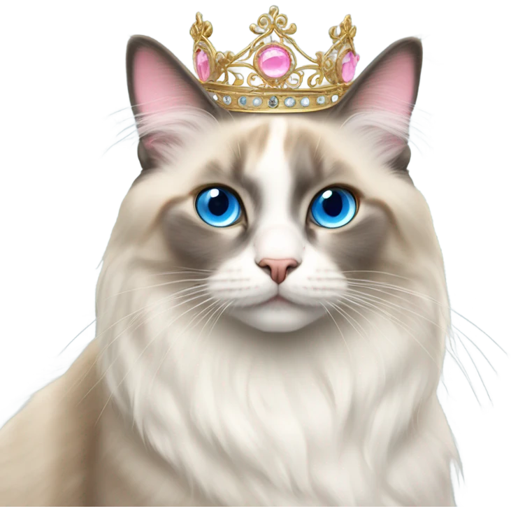 Realistic ragdoll cat with blue eyes wearing pink and gold tiara emoji