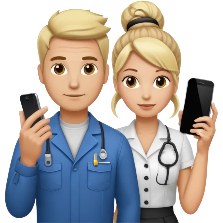 White male electrician and pretty blond office hair stylist with a bun holding phone emoji
