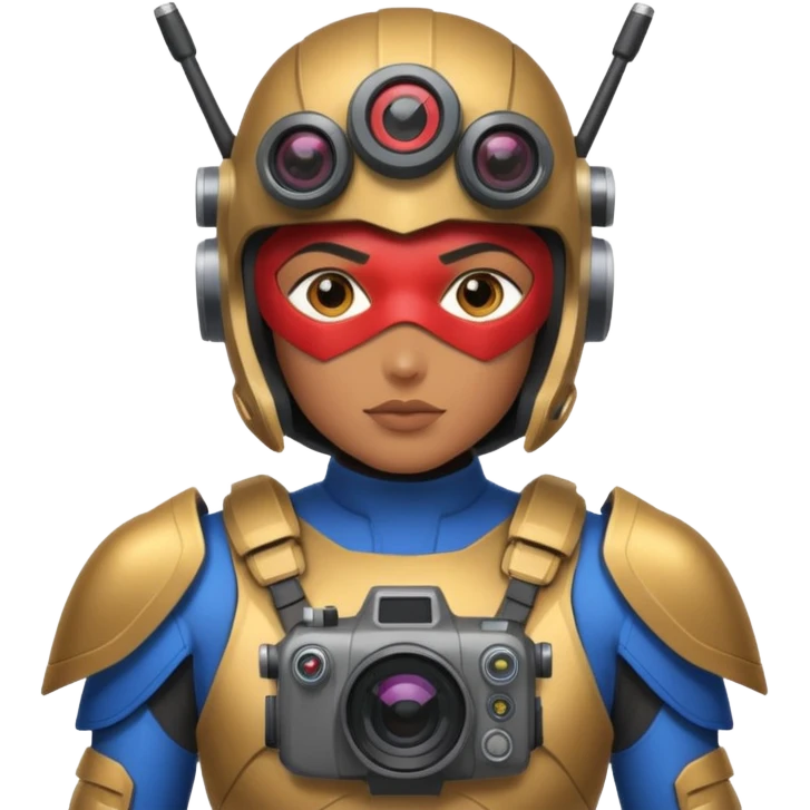 Un photographe high tech du futur, avec du matériel, une armure de terrain à la super héro. Il a des appareils photos, des caméras embarquées et un drone  emoji