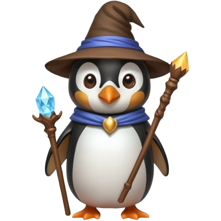 penguin wizard holding a staff wearing a magical hat emoji