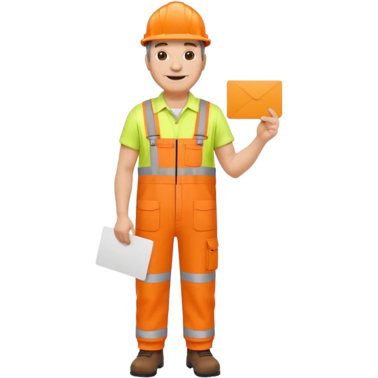 mature engineer hi-vis orange overalls standing full body holding a card emoji