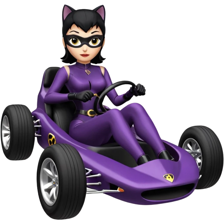 full size real-appearance road glowing racing sexy buxom CatWoman’s feminine midnight-colored tight outfit sixty’s tv show dark stealthy accurate sporty safe plush deluxe off-road pursuit drifting car jaguar (black hair,reclined and relaxed torso and shoulders back against seat) cross kart  emoji
