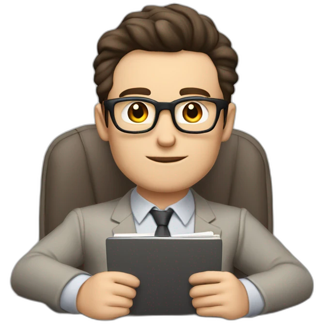 Pale skinned Fit Man With dark brown hair in gray jacket, beige office shirt and vintage glasses sitting In a soft chair with a notebook with emblem Ψ and a pen in his hands emoji