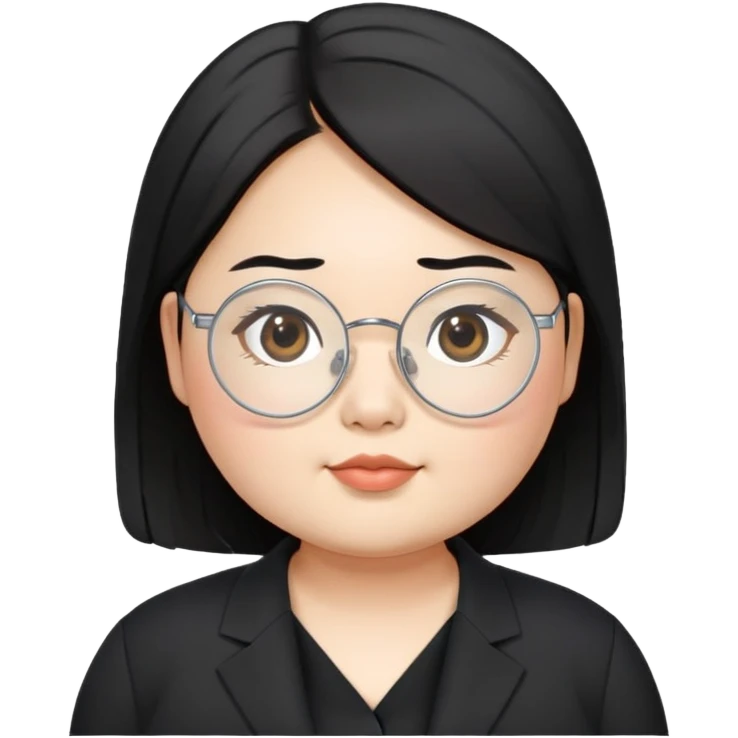chubby asian waman wear thin siver circle glasses round eye brow medium black hair wear black suit shirt  emoji