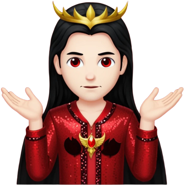 Lucifer from The Bible with long black hair, dark red sequin outfit emoji