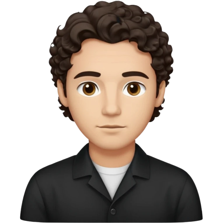 He’s a man with light to medium skin, a defined oval face, full brows, deep-set eyes, and wavy to curly dark brown hair styled with height, sides are low. expression calm and focused relaxed black open-collar shirt.polished, articulate, and professional vibe. emoji