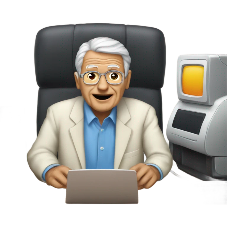 Un anciano confundido frente a una computadora emoji