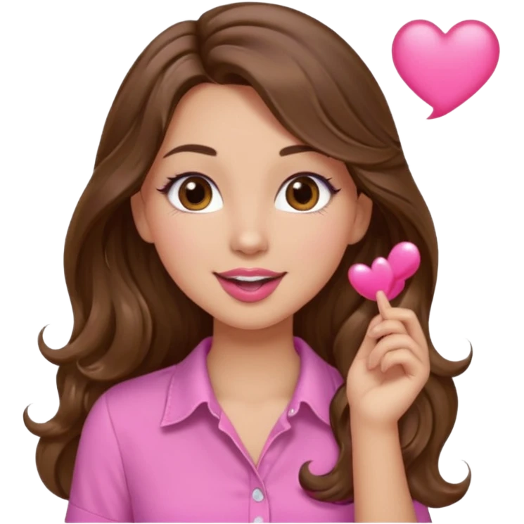 girl with long wavy brown hair, brown eyes, light to medium complexion, in a pink shirt, pink lips, long lashes, blowing a kiss emoji