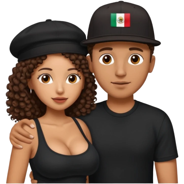 A picture of a tanned couple embracing. the guy is Mexican, with a bald hair cut and he has a SnapBack hat on. The girl is mixed, the girl is wearing a black shirt, the girl has brown curly big hair and the girl has big boobs  emoji