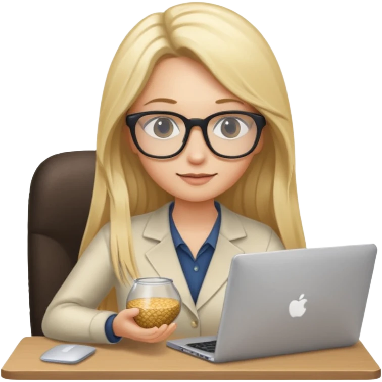 a blondie woman with long hair working with a computer laptop and a grains vessel around emoji