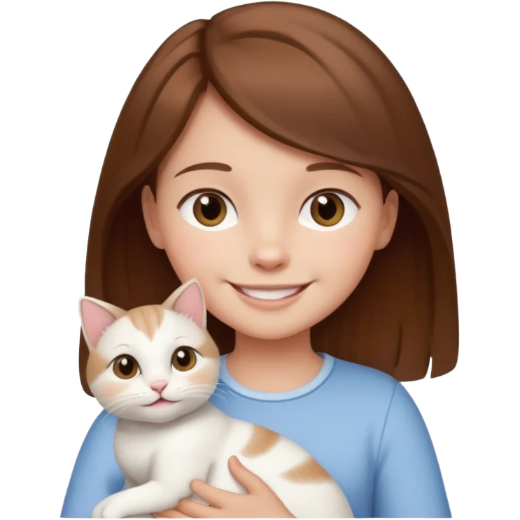 small girl with brown hair holding a white cat, smiling emoji