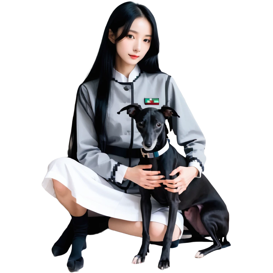 Slim Chinese girl with long black hair and her completely solid dark grey Italian greyhound in a cozy home setting, the dog has absolutely no white markings on face or nose, completely uniform grey color throughout emoji