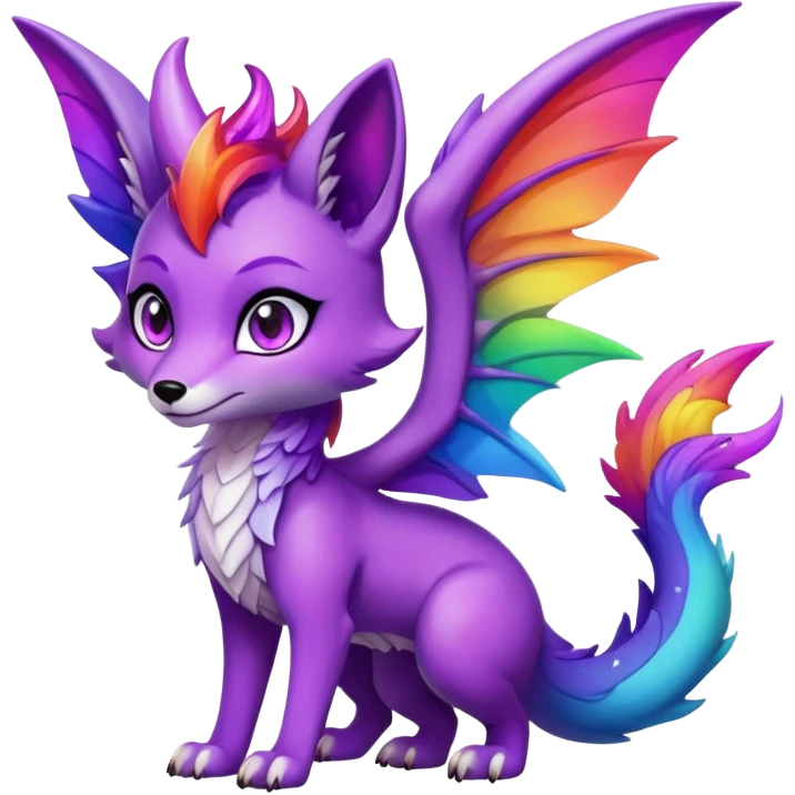 Black Cartoon female Fox dragon hybrid purple eyes with wings face front full body dark rainbow colored emoji