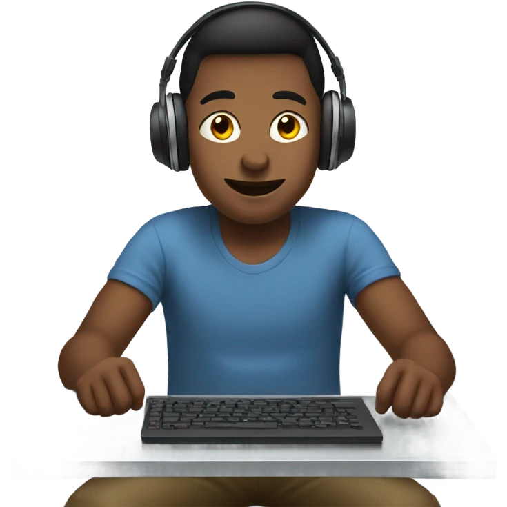 a boy playing on his computer with headphones on emoji