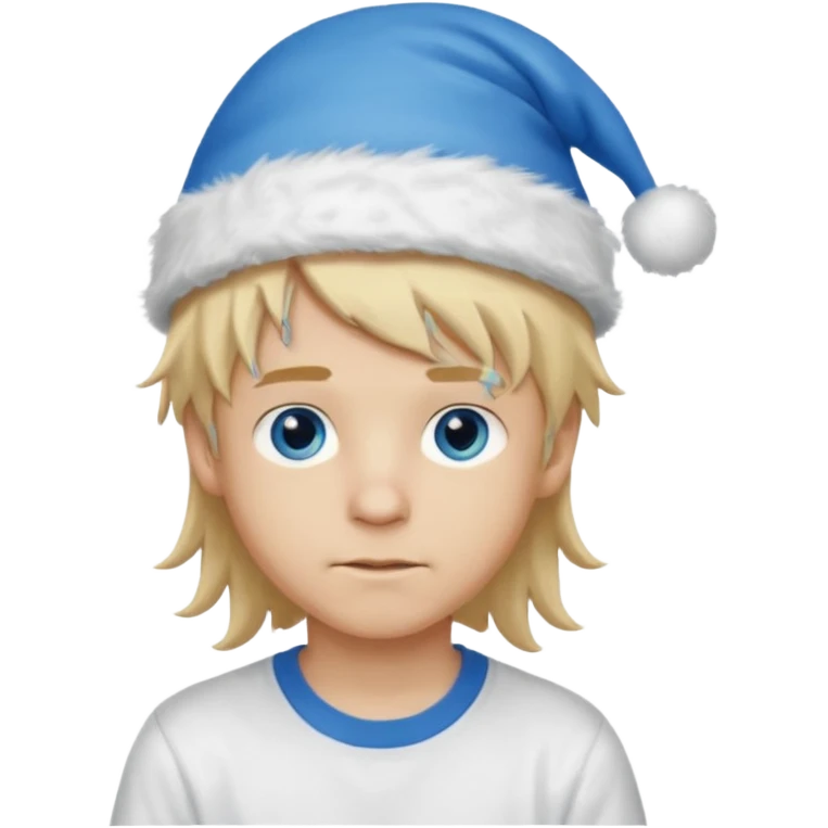 create boy blonde hair long messy, light eyes, white t shirt, rich, long hair, eyes blue, acessory head cristimas blue hat emoji